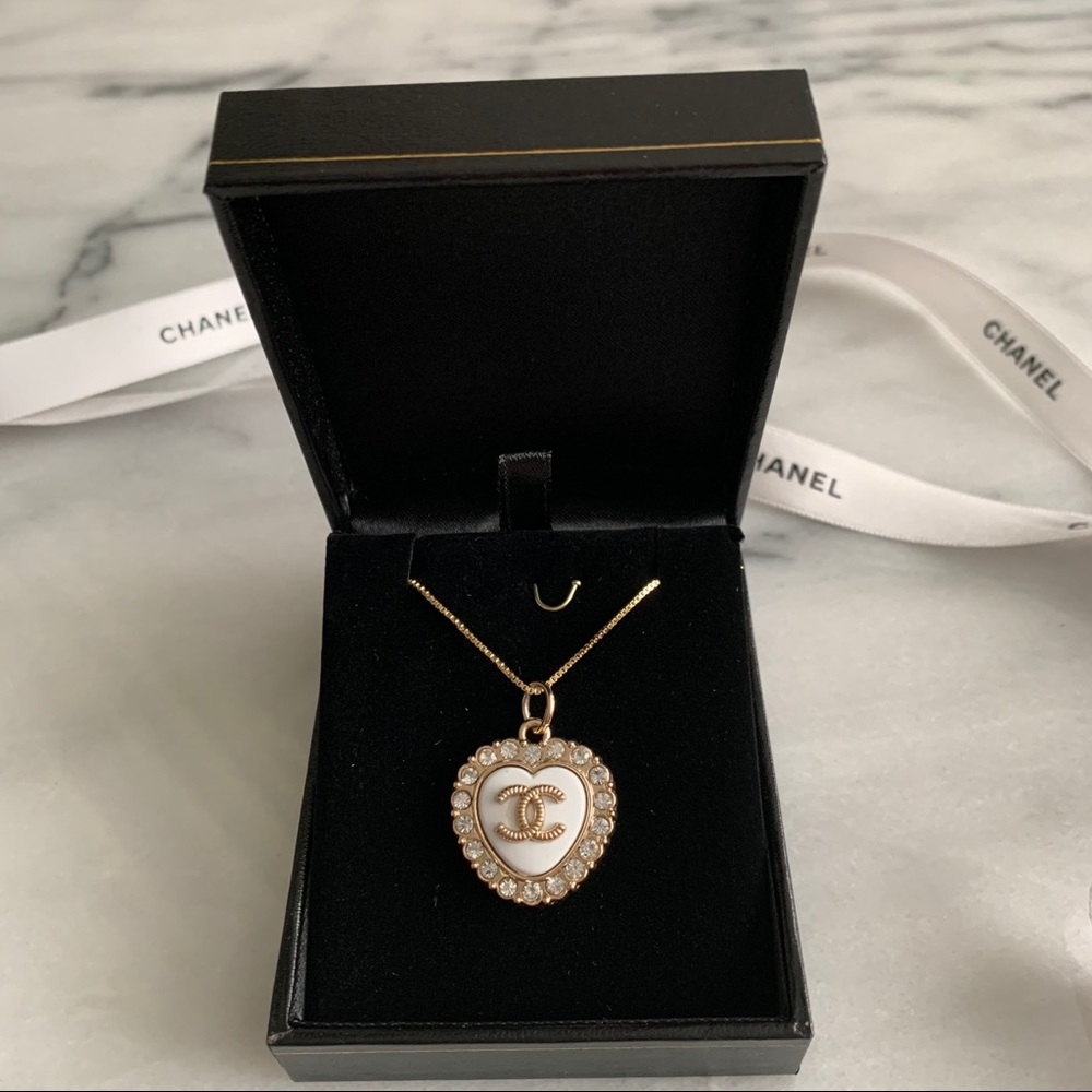 Vintage CC stamped white heart crystal necklace
